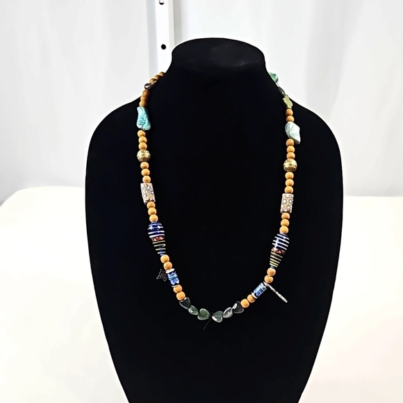 Turquoise Beaded & Wood Necklace - Picture 1 of 5